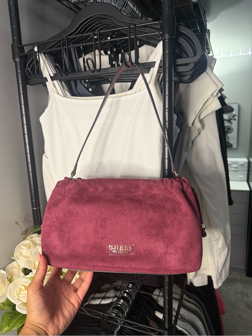 GUESS Suede Shoulder Bag in Wine